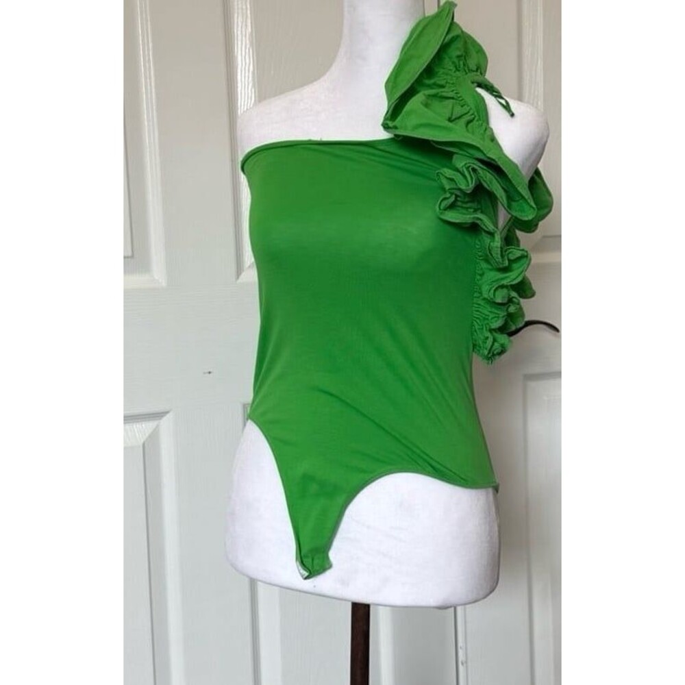 Green One-Shoulder Ruffle Bodysuit – Statement Stretch Top